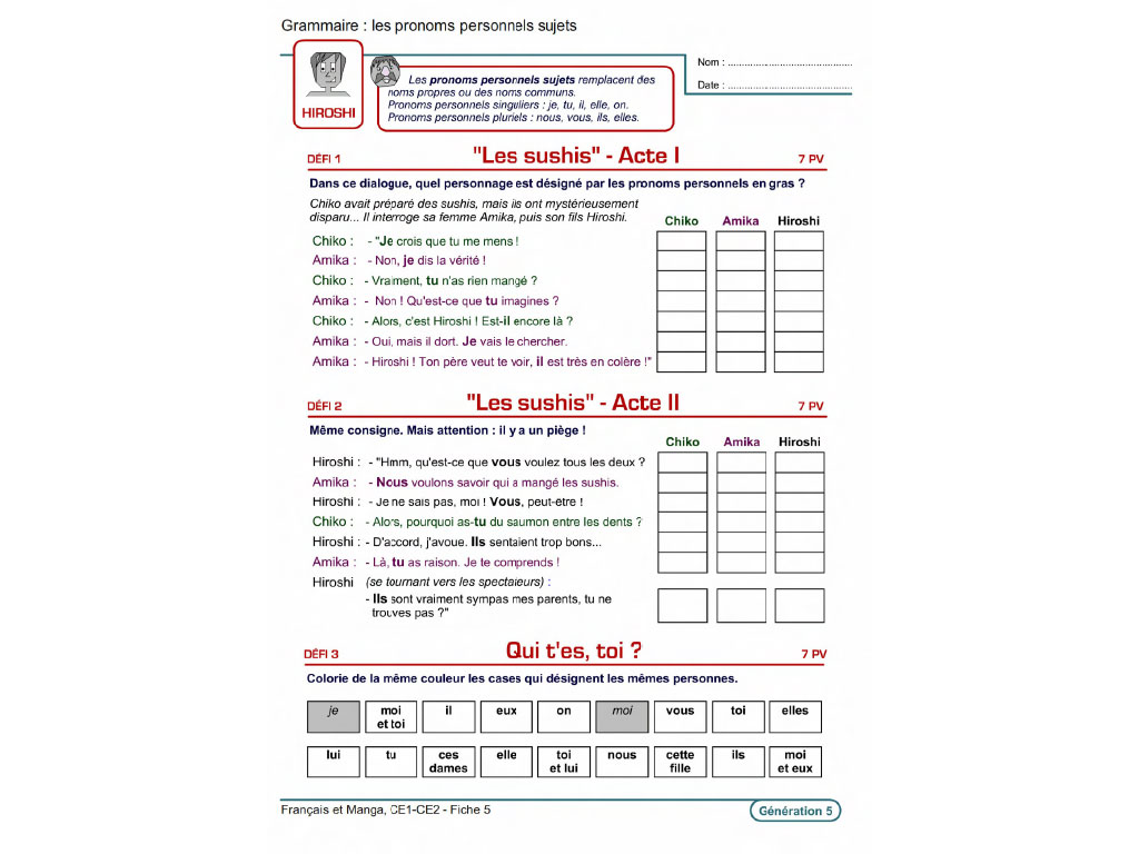 Fiche exercice grammaire - Français et Manga au CE1 et CE2