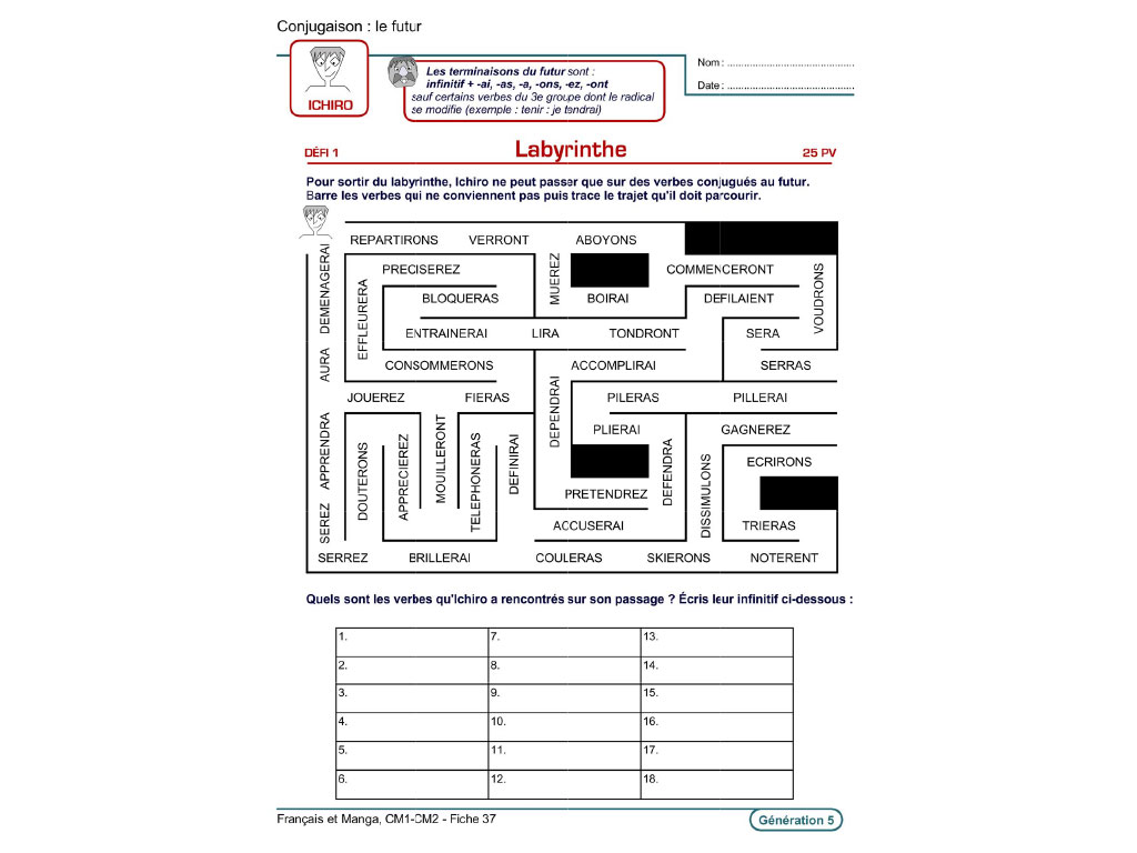 Fiche exercice conjugaison - Français et Manga au CM1 et CM2