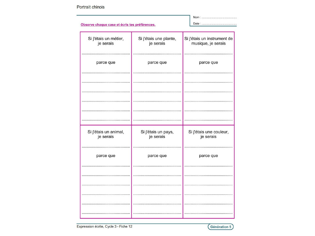 Fiche exercice expression écrite CM1, CM2, 6e, SEGPA