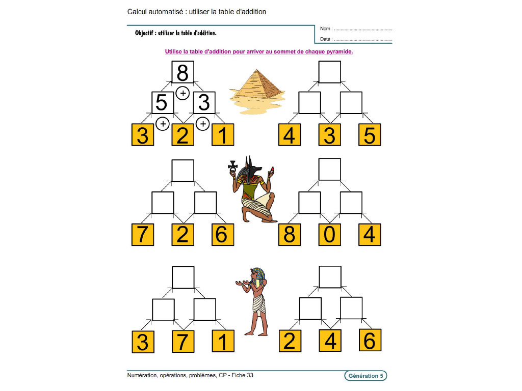 Fiche exercice de calcul et addition CP