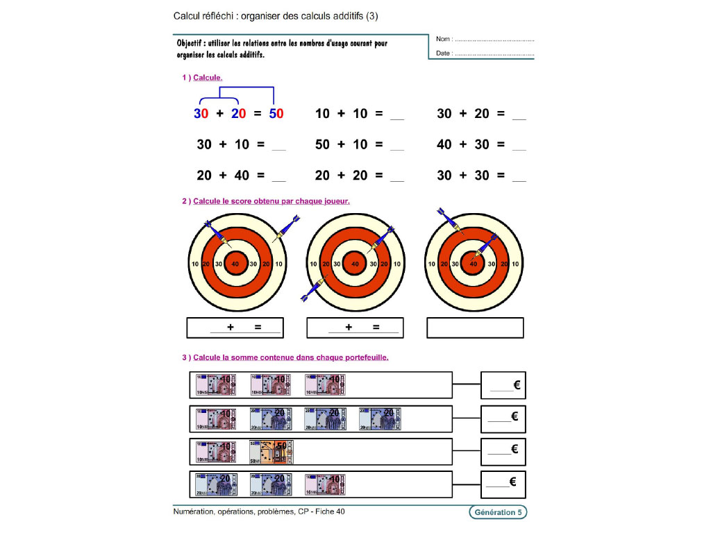 Fiche exercice de calcul CP
