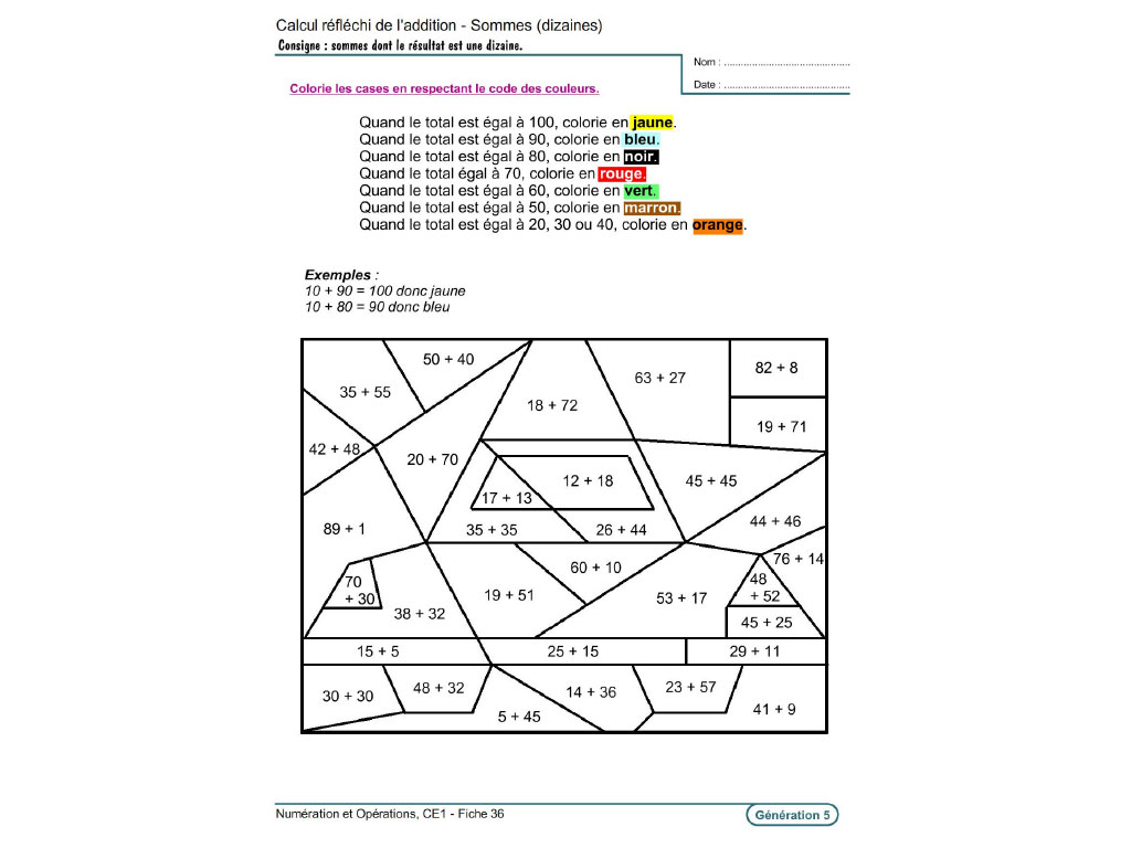 Fiche exercice calcul CE1