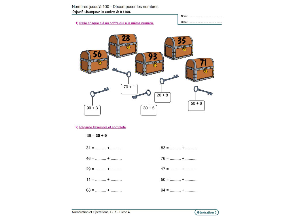 Fiche exercice numération CE1