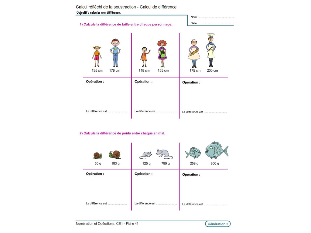 Fiche exercice calcul et soustraction CE1
