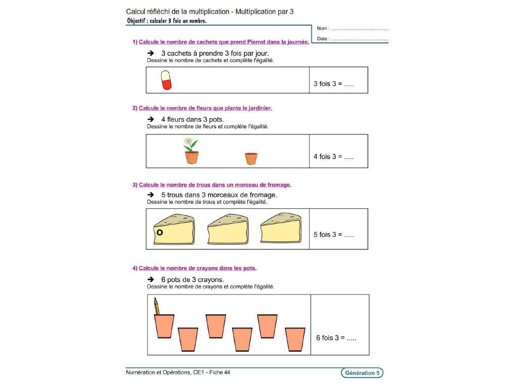 Fiche exercice calcul et multiplication CE1