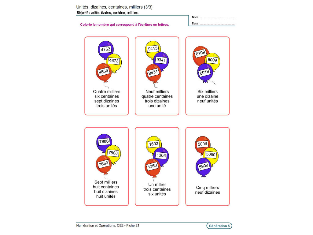 Fiche exercice numération CE2