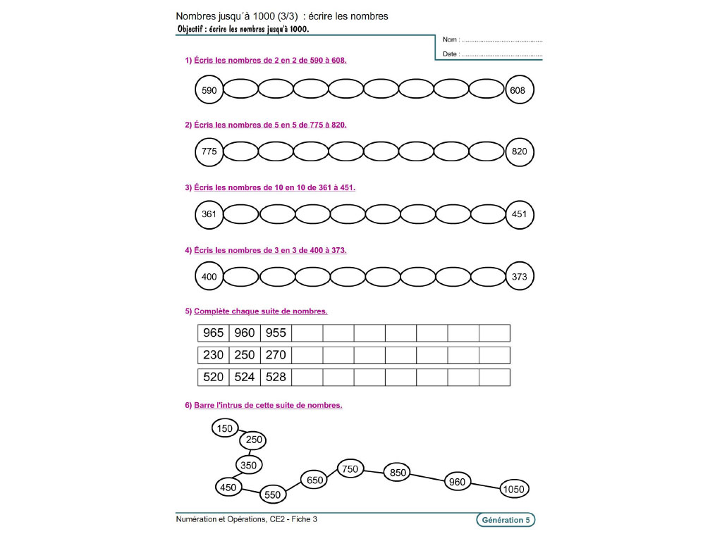Fiche exercice numération CE2