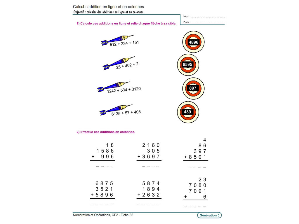 Fiche exercice addition CE2