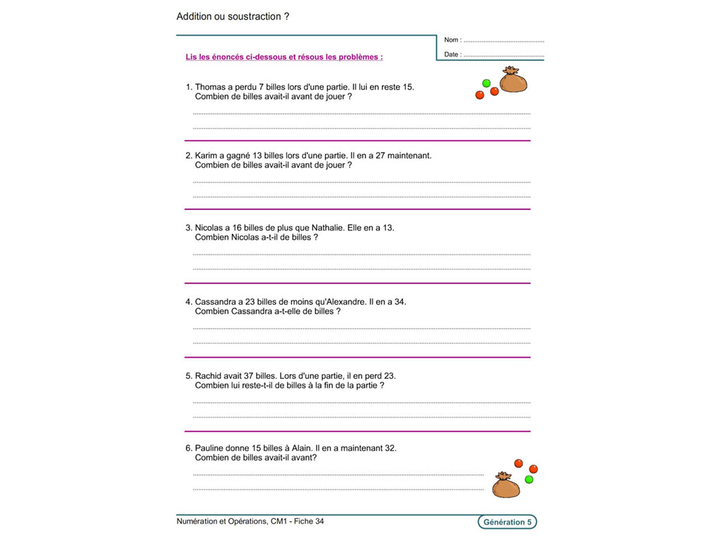 Fiche exercice addition soustraction CM1