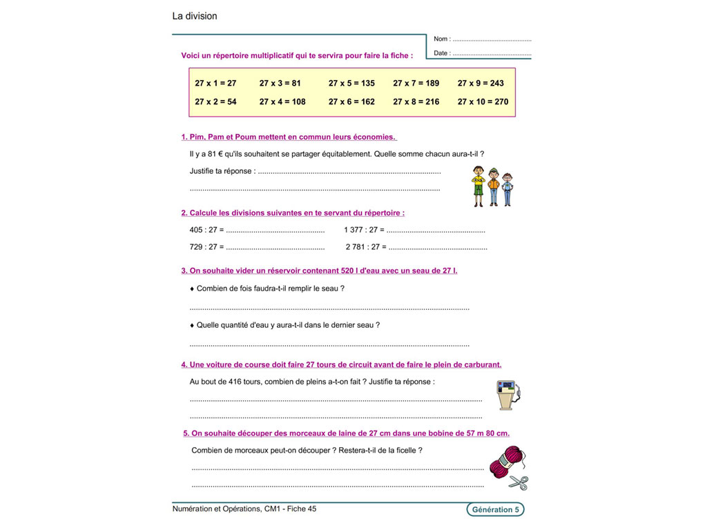 Fiche exercice division CM1