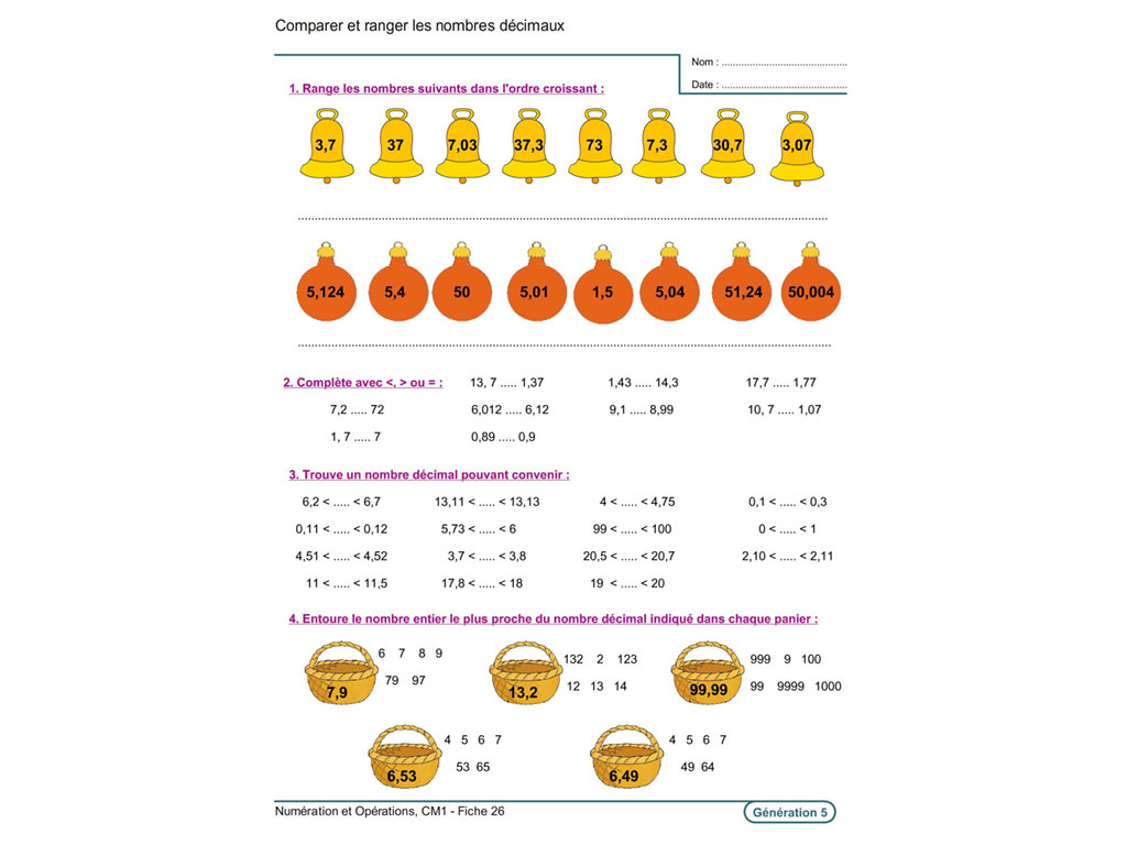 Fiche exercice nombres décimaux CM1