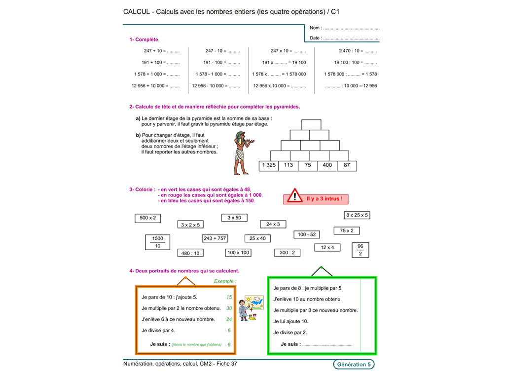 Fiche exercice calcul CM2
