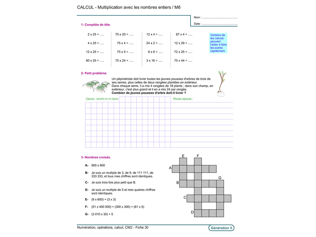 Fiche exercice calcul multiplication CM2