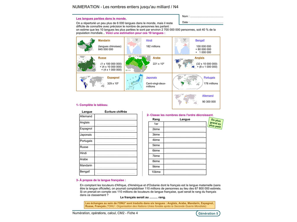 Fiche exercice numération CM2