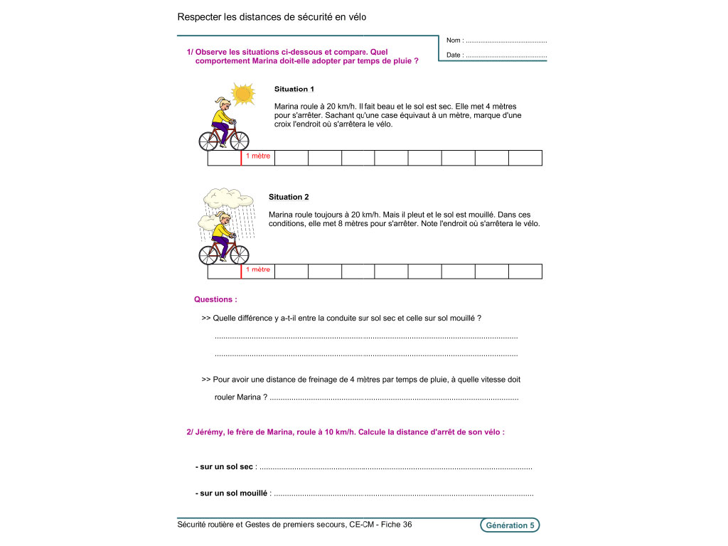 Fiche exercice pédagogique sécurité routière CE1 CE2 CM1 CM2