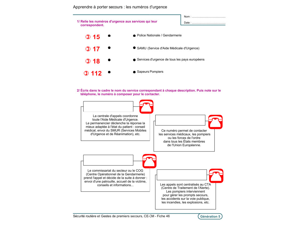 Fiche exercice pédagogique premiers secours CE1 CE2 CM1 CM2