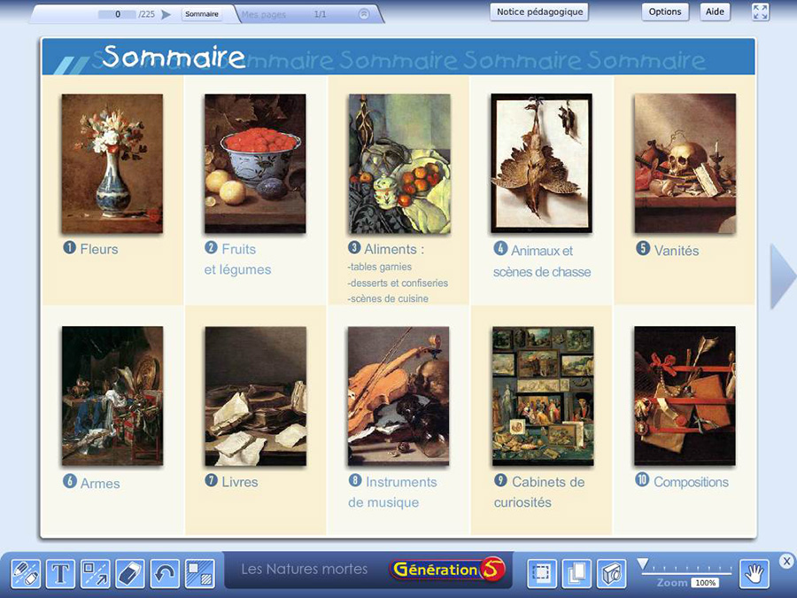 Sommaire du logiciel Natures Mortes