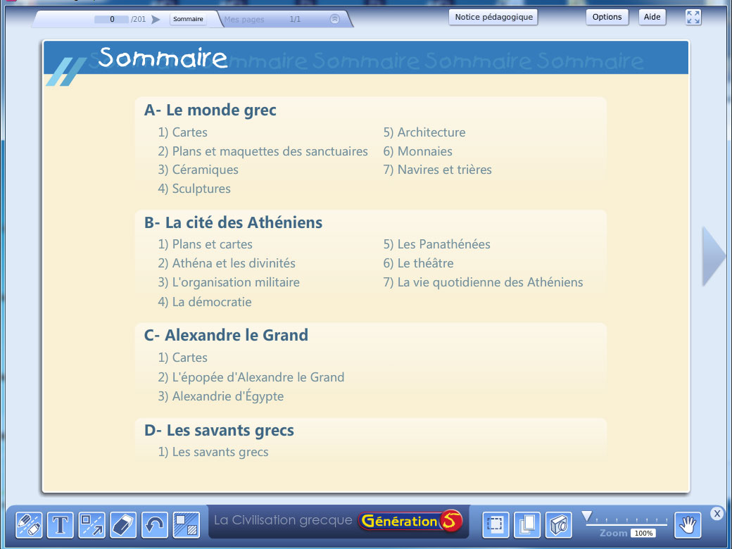 Sommaire du logiciel La Civilisation grecque
