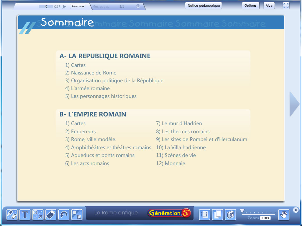 Sommaire du logiciel La Rome Antique