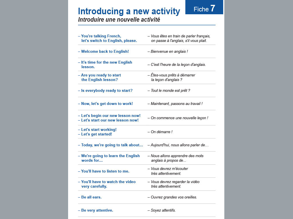 Fiche vocabulaire anglais - introduire une nouvelle activité