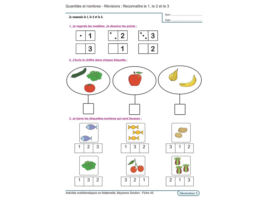Fiche activités nombres - Maternelle Moyenne Section