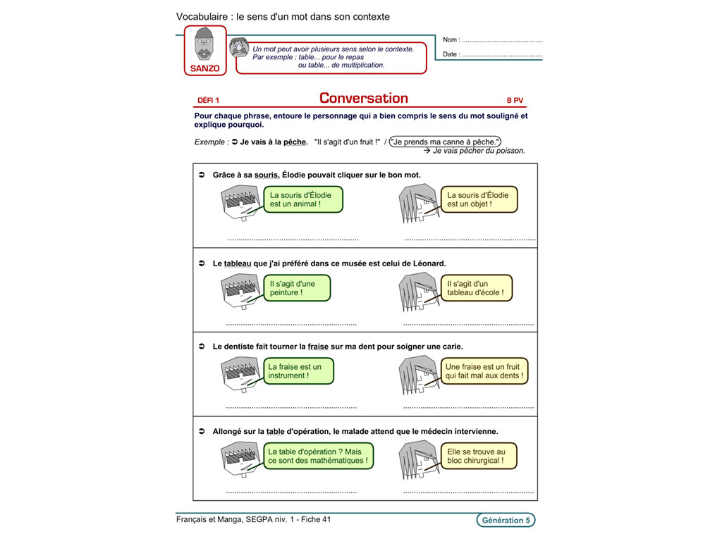 Fiche exercice pédagogique français SEGPA