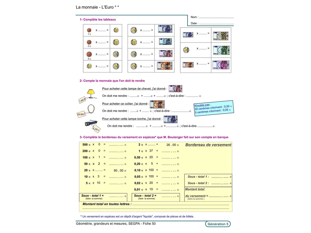 Fiche exercice pédagogique maths SEGPA