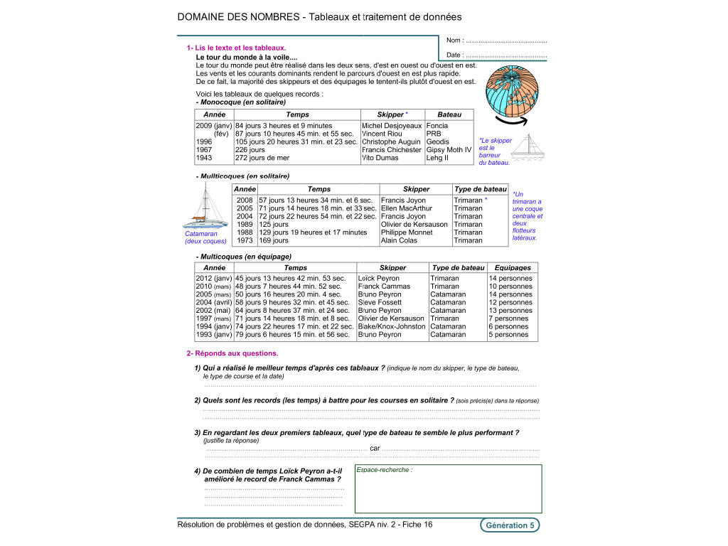 Fiche exercice pédagogique traitement de données SEGPA