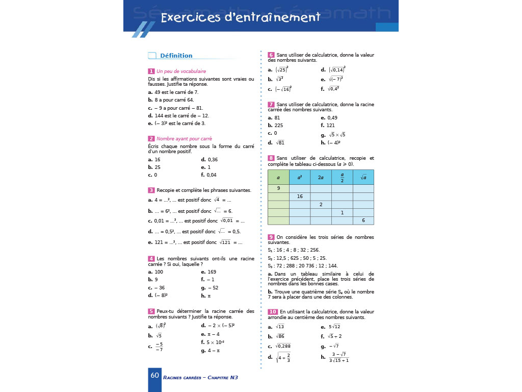Exercices d'entrainement - Manuel Sésamath 3e (éd. 2012)