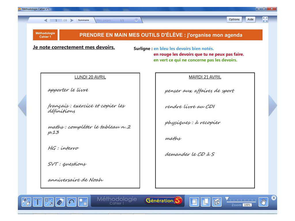 Méthodologie interactive en 6e-5e - organiser son agenda