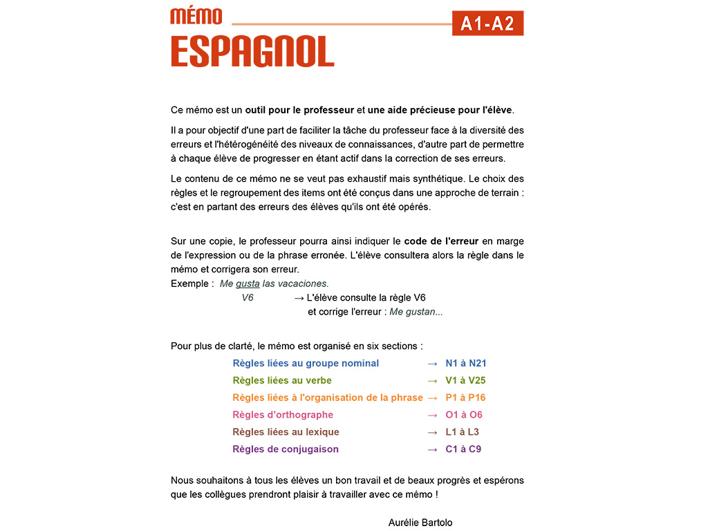 Règles Mémo espagnol A1-A2