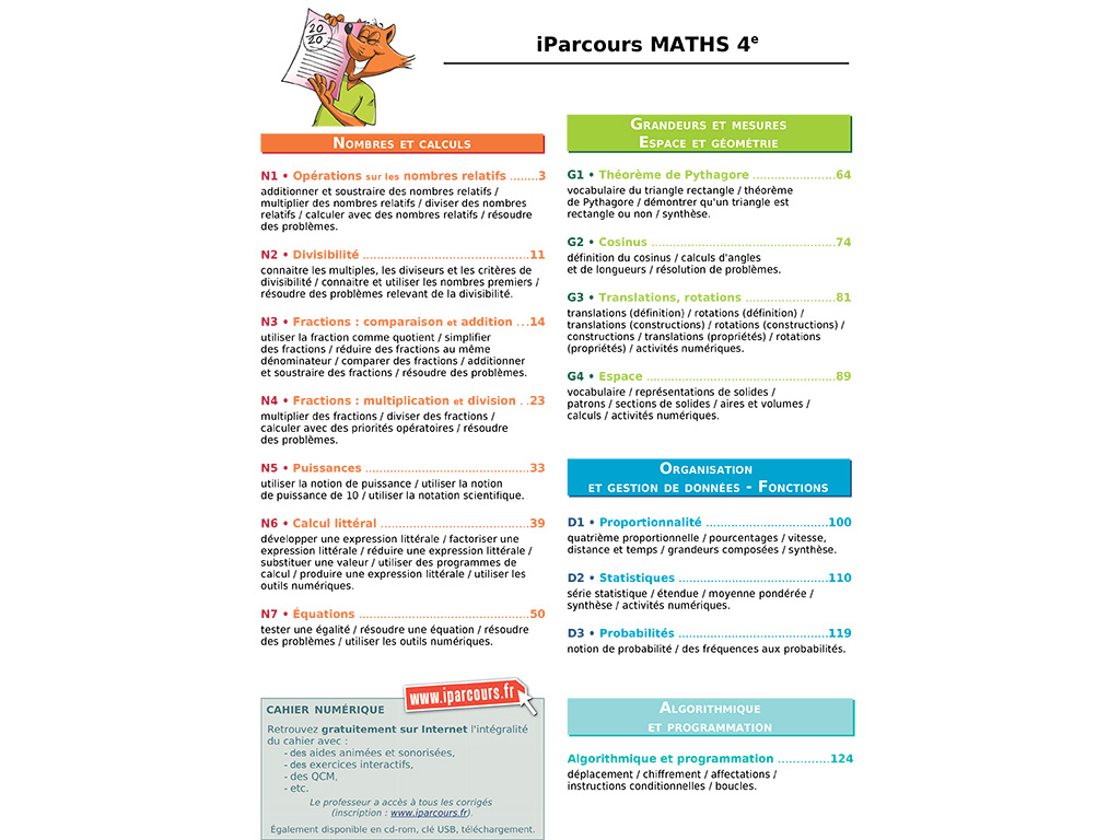 Sommaire des exercices - Cahier iParcours maths 4e