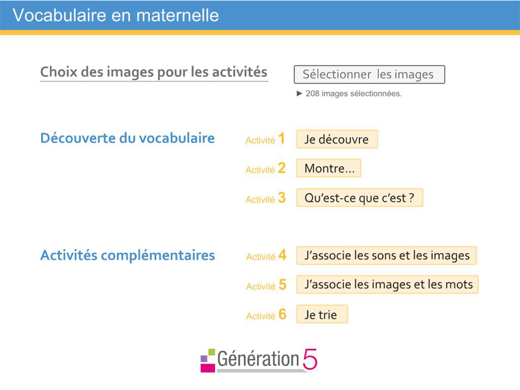 Menu du logiciel interactif de Vocabulaire en Maternelle