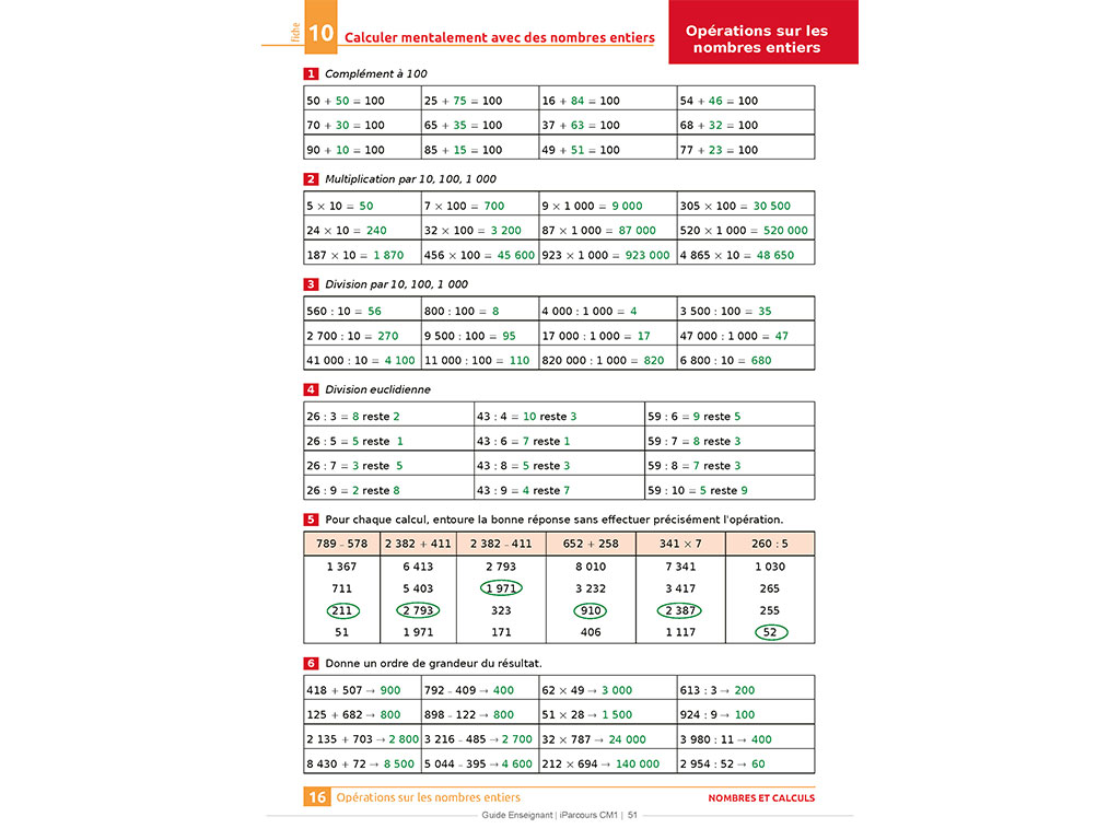Corrigés d'exercices Calculs - Guide de l'enseignant iParcours Maths CM1