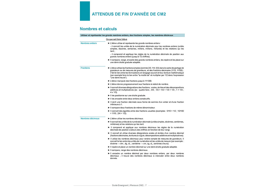 Attendus de fin d'année - Guide de l'enseignant iParcours Maths CM1