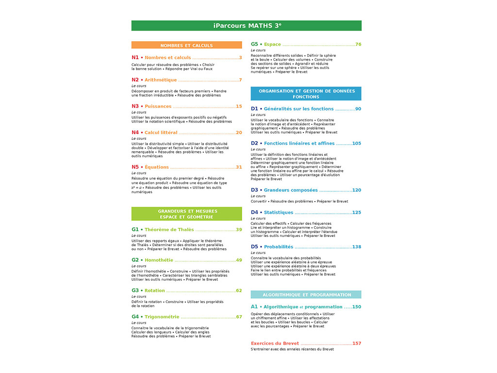 Sommaire du cahier-manuel iParcours 3e