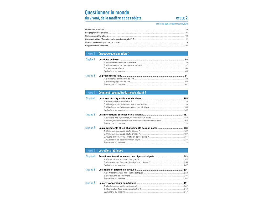 Sommaire de Questionner le monde du vivant, de la matière et des objets - Cycle 2