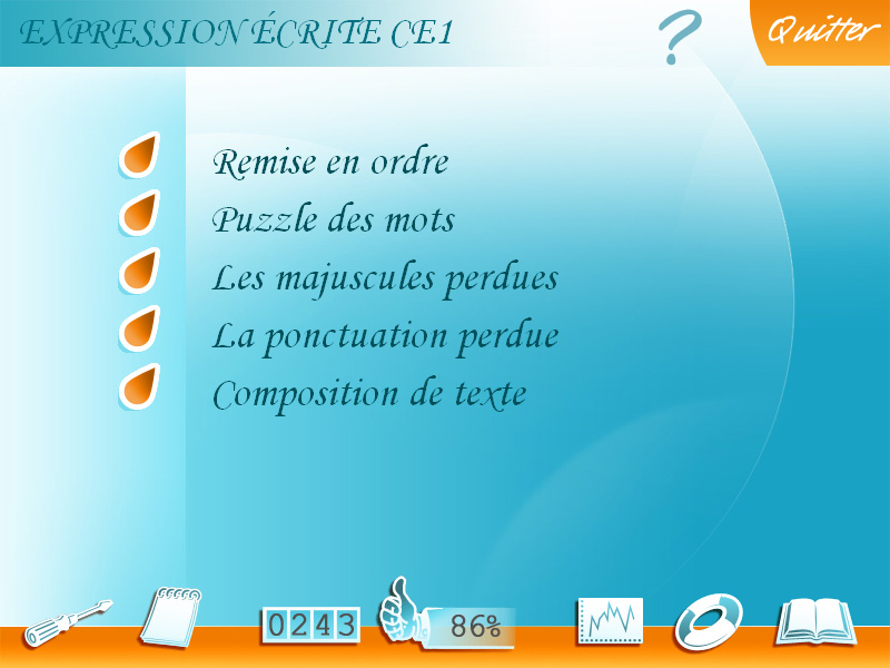 Menu du logiciel Soutien scolaire Français CE1