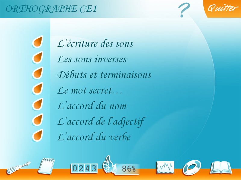 Menu du logiciel Soutien scolaire Français CE1