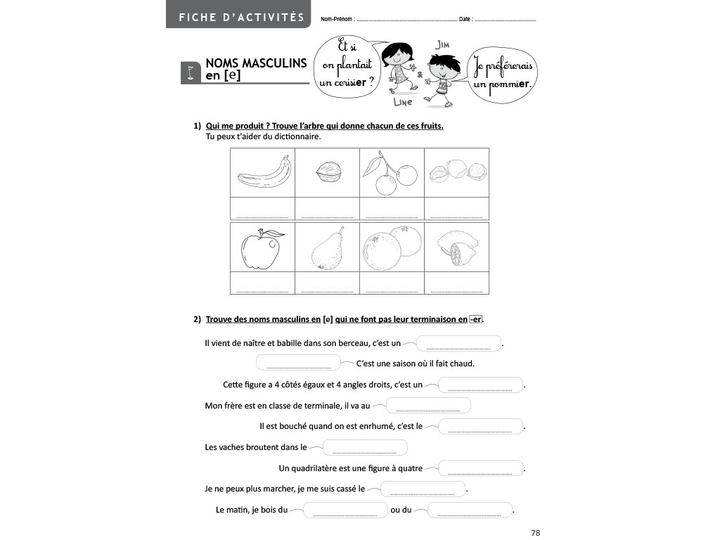 Fiche activités Noms masculins CM1