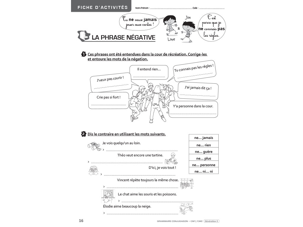 Fiche d'activités pour l'élève Grammaire - Conjugaison CM1-CM2