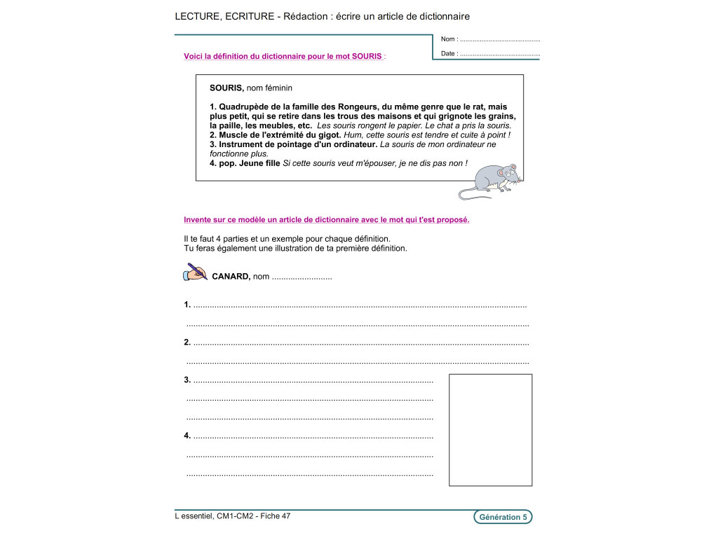 Fiche exercice de français au CM1 et CM2