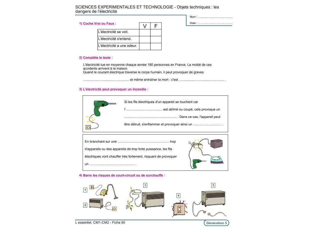 Fiche d'exercice de sciences au CM1 et CM2