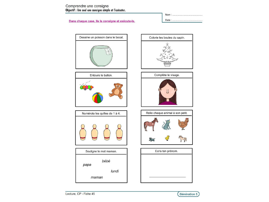 Fiche exercice de lecture au CP