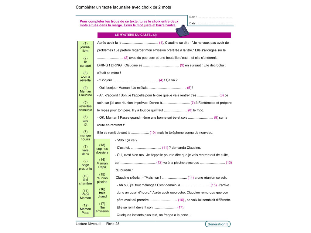 Fiche exercice de lecture au CE2, CM1, CM2
