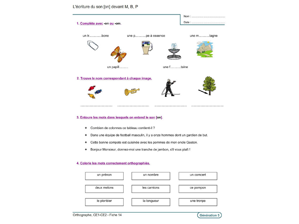 Fiche exercice orthographe CE1-CE2