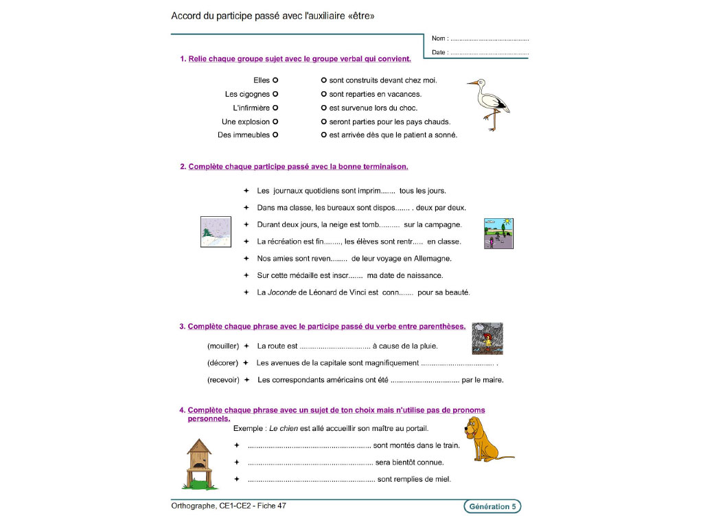 Fiche exercice accord et participe passé CE1-CE2