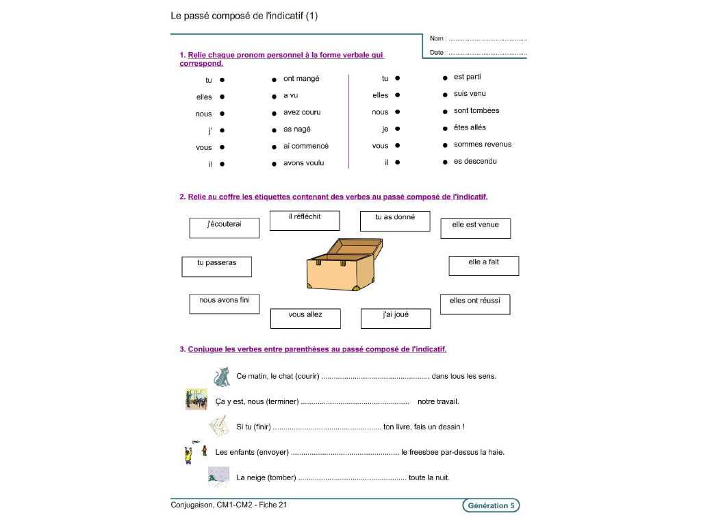 Fiche exercice passé composé CM1-CM2