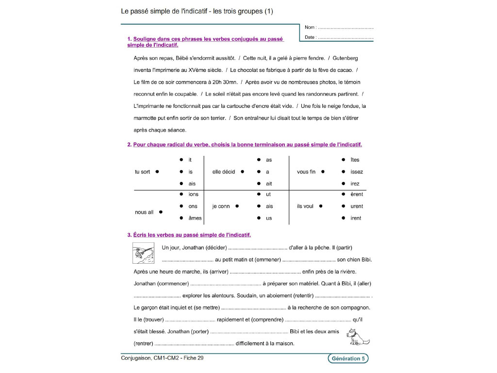 Fiche exercice passé simple CM1-CM2