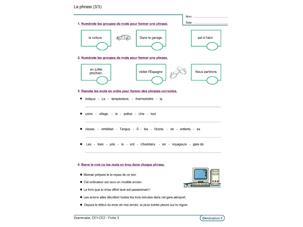 Fiche exercice phrase grammaire CE1-CE2